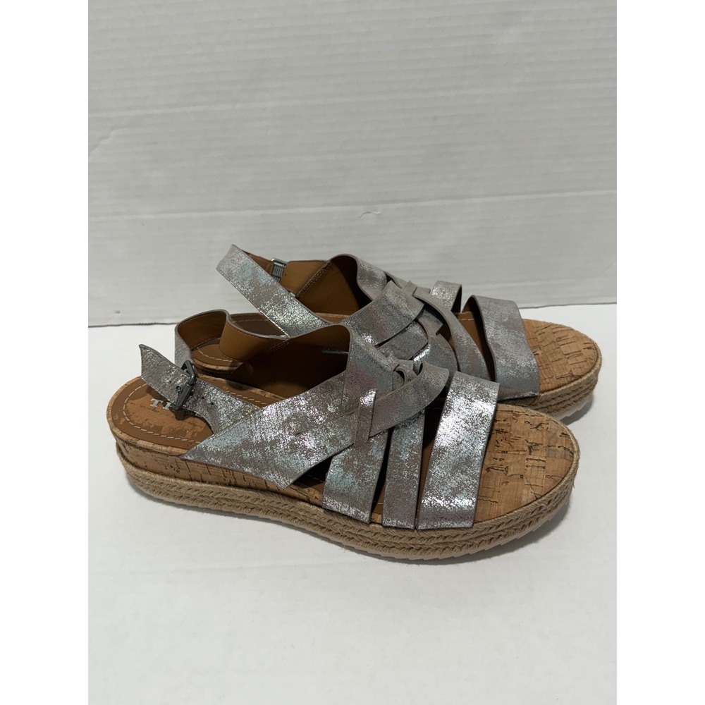 Trask Sandals Cork Wedge Strappy Metallic Silver Casual‎ Shoes Women's 11M